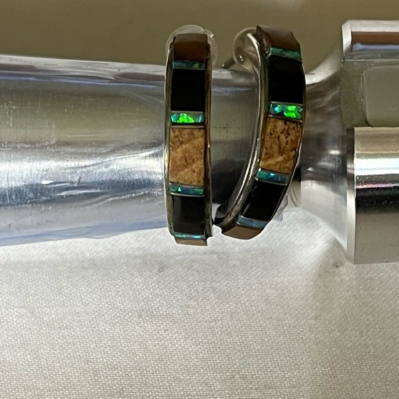 Native American Sterling Tiger Eye Opal Multi Stone Inlaid Half Cuff earrings OS - Picture 2 of 9